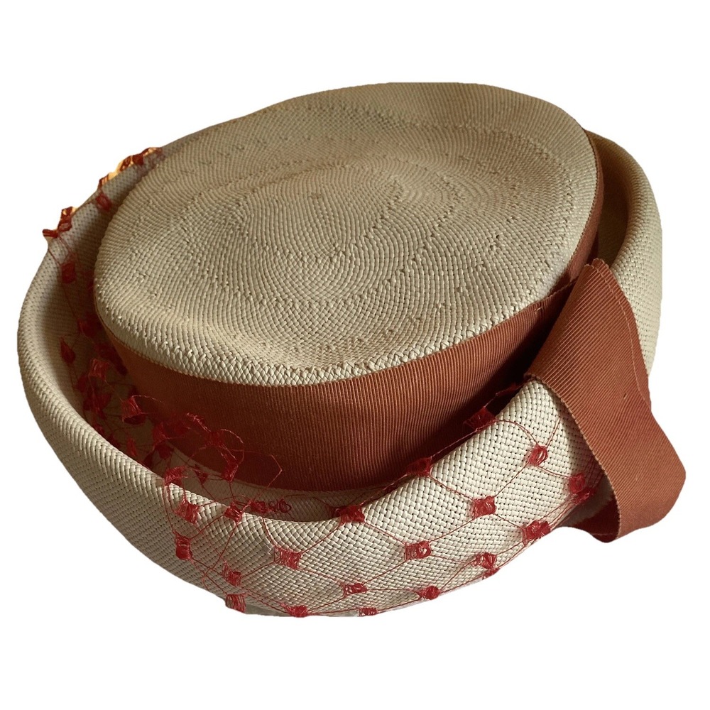 Vtg Union Made Hat Ivory Mauve Copper Dots Ribbon Netting Cottagecore Women's